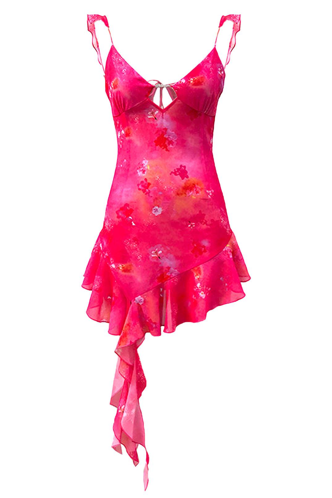 '3rd Date' Sheer Pink Floral Print Ruffle Hem Sexy Mini Dress - Elsie & Fred