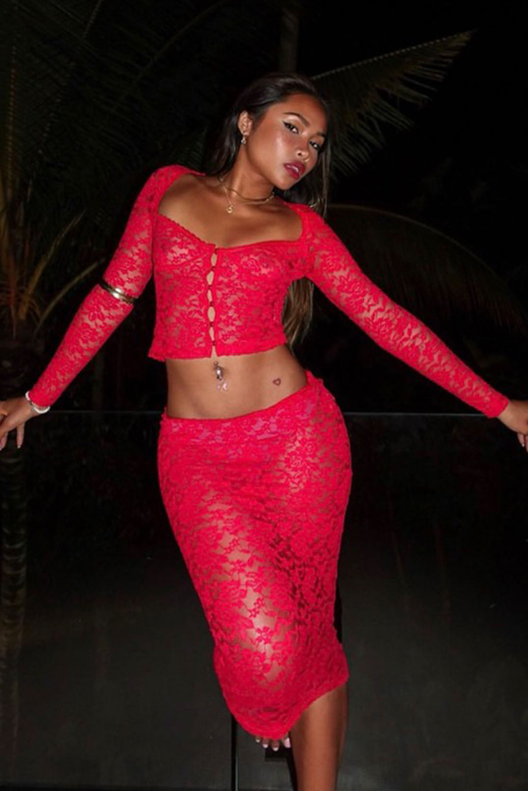 Red Sonja Lace Sheer Long Sleeve Button Top