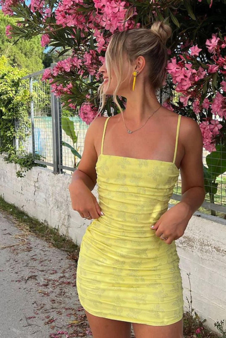French Kiss Diamanté Butterfly Lemon Ruched Cami Dress - Elsie & Fred