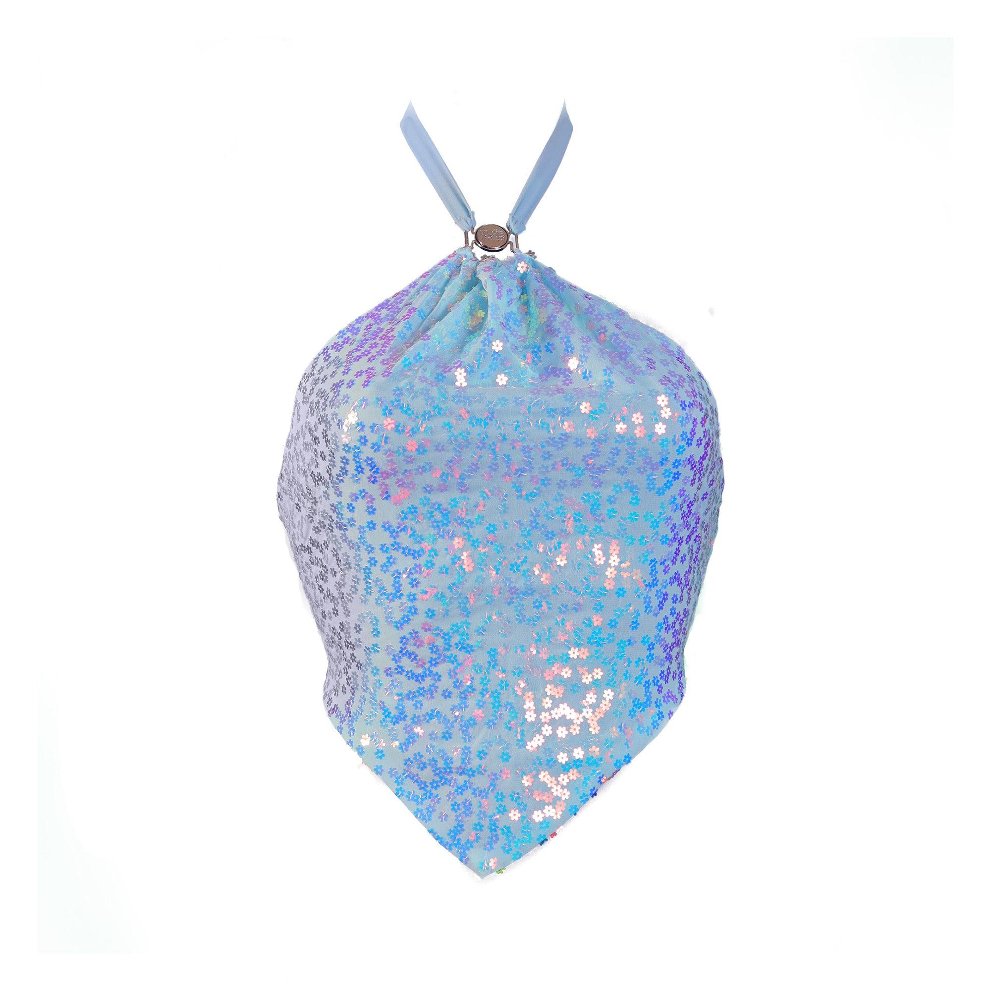 Illicit Baby Blue Flower Sequin Sparkle Halter Top - Elsie & Fred