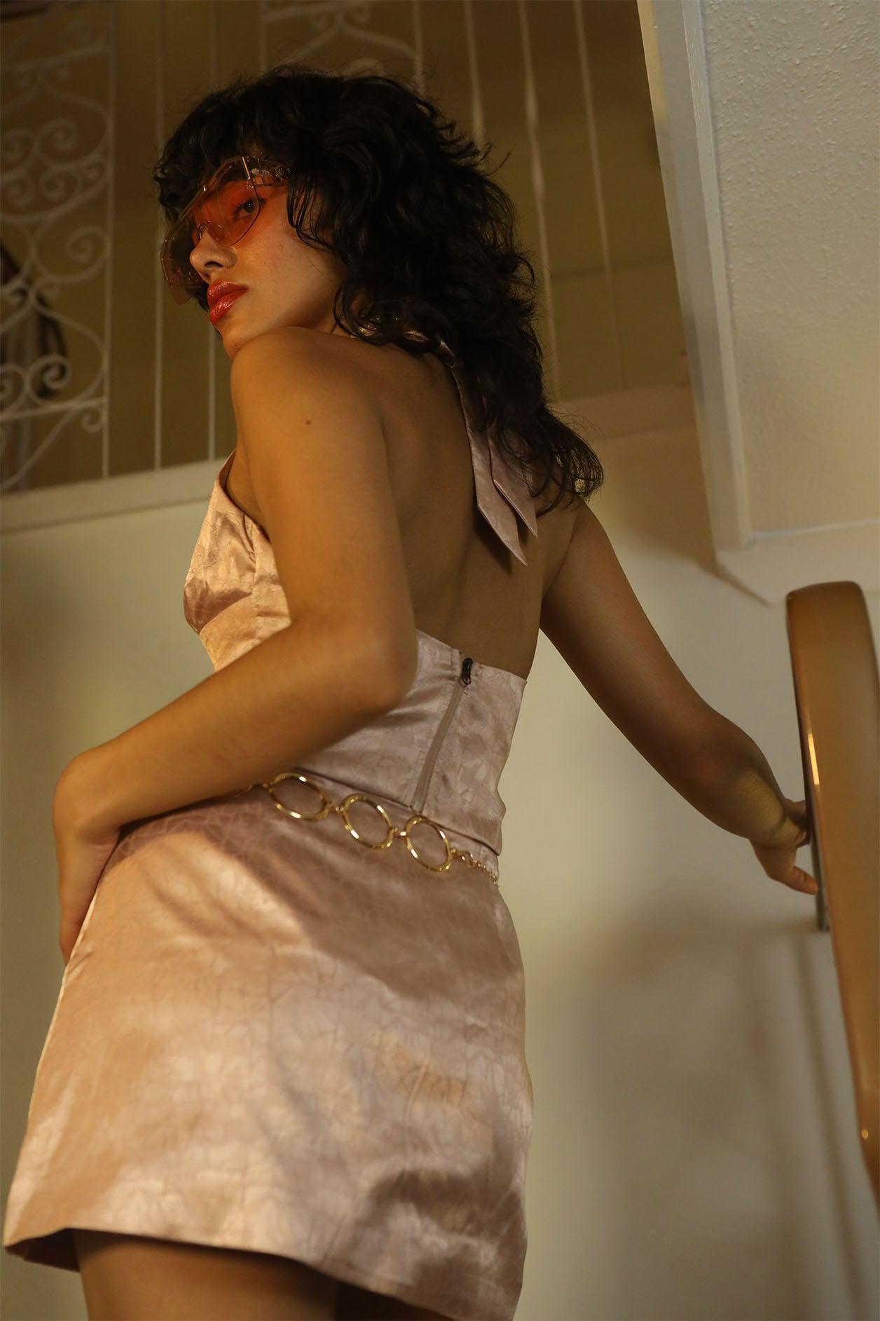 Marla Satin Jacquard Halter Neck Top in Blush - Elsie & Fred
