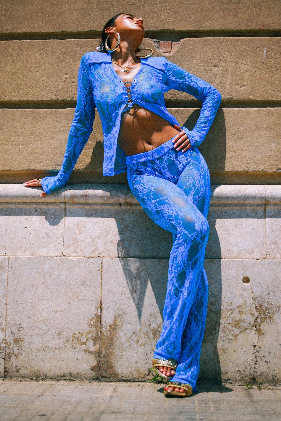Pammy Lee Azure Blue Low Rise Lace Bootcut Trouser Pants - Elsie & Fred