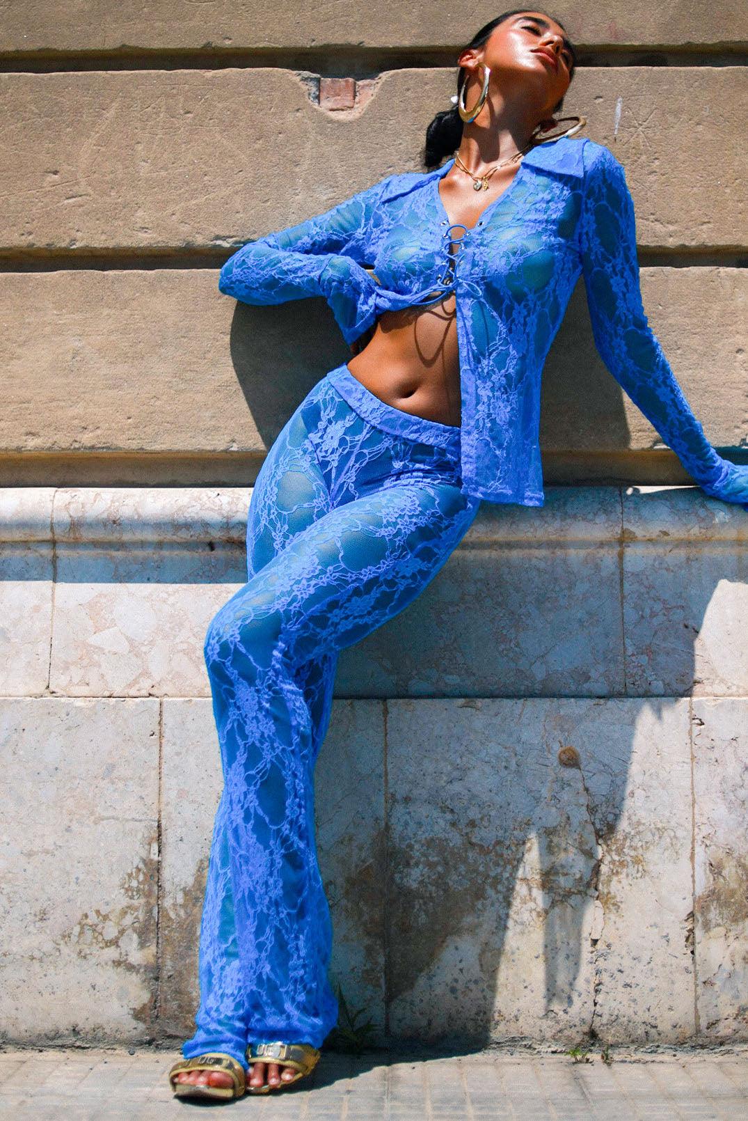 Pammy Lee Azure Blue Low Rise Lace Bootcut Trouser Pants - Elsie & Fred