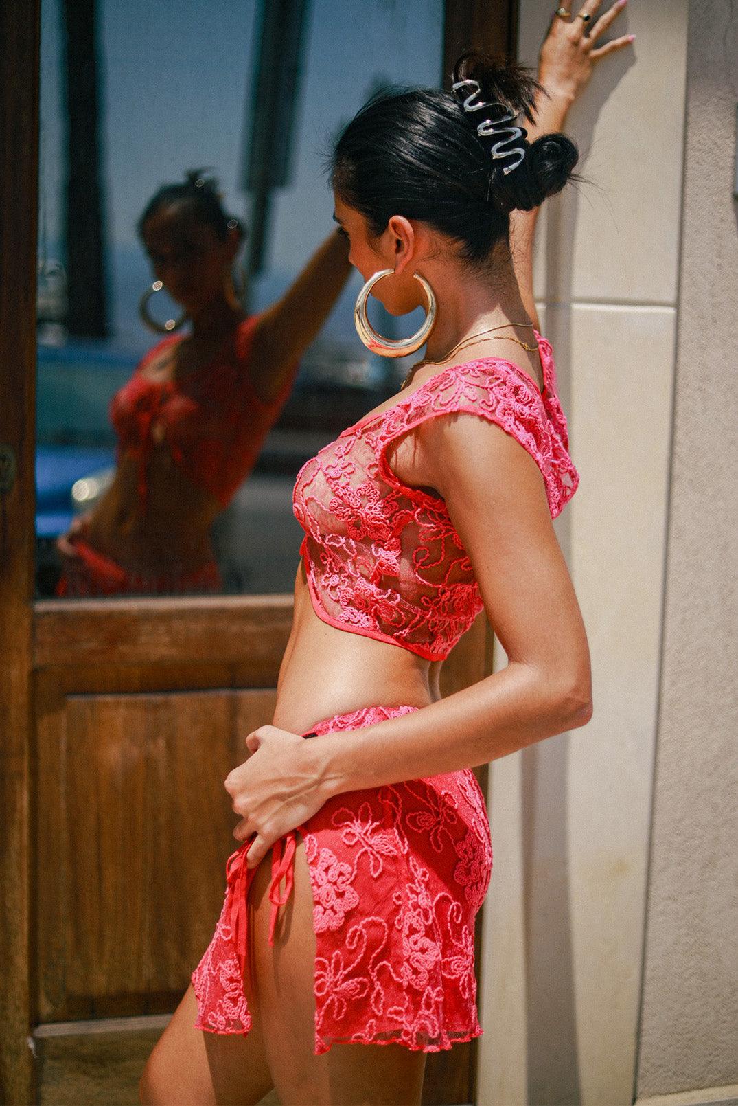 Unwrap Me Raspberry Sheer Appliqué Wrap Skirt - Elsie & Fred