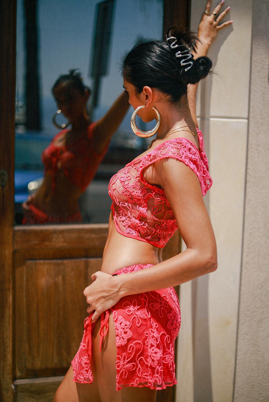 Unwrap Me Sheer Raspberry Appliqué Top - Elsie & Fred