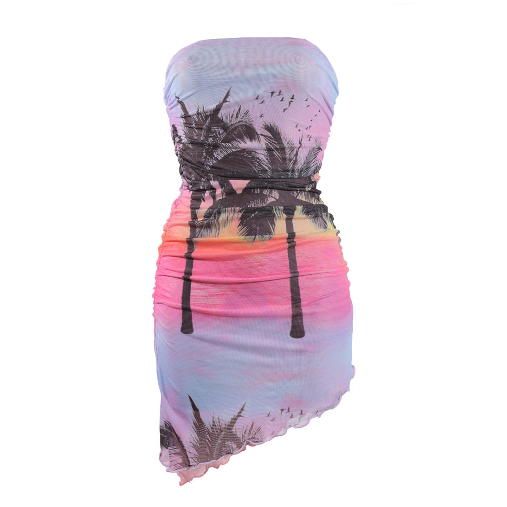Arizona Mesh Asymmetric Bandeau Dress in Palm Tree Print - Elsie & Fred