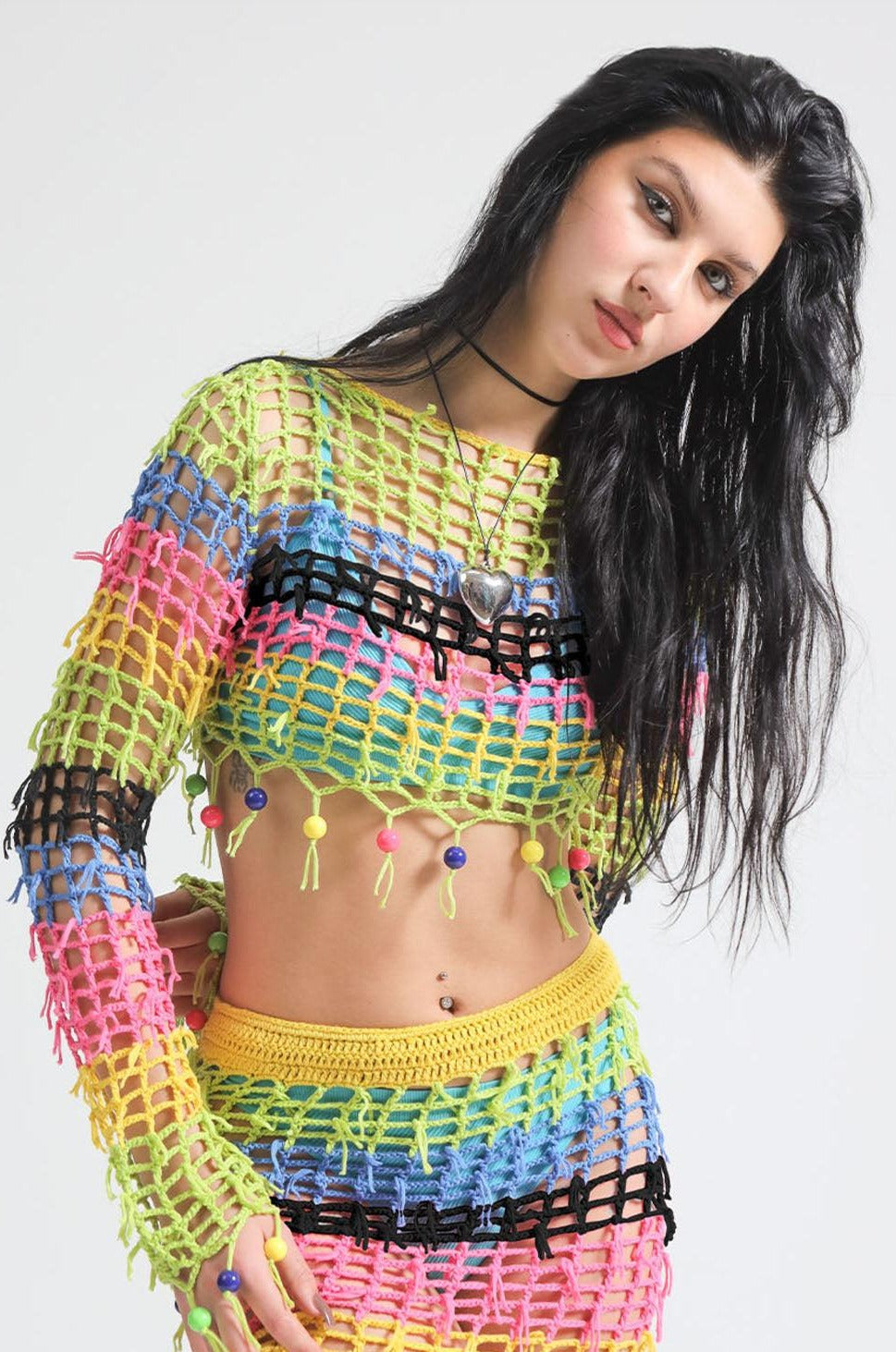 Summer Multi coloured Crochet Knit Net beach cover up Long Sleeve beaded Top co ord