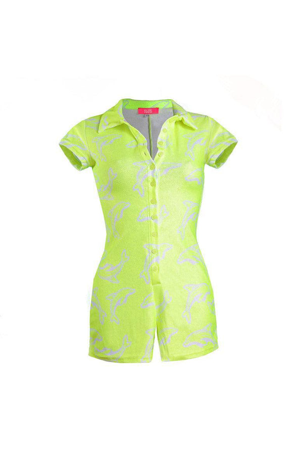 Flipper Neon Green Dolphin Print Towelling Playsuit - Elsie & Fred