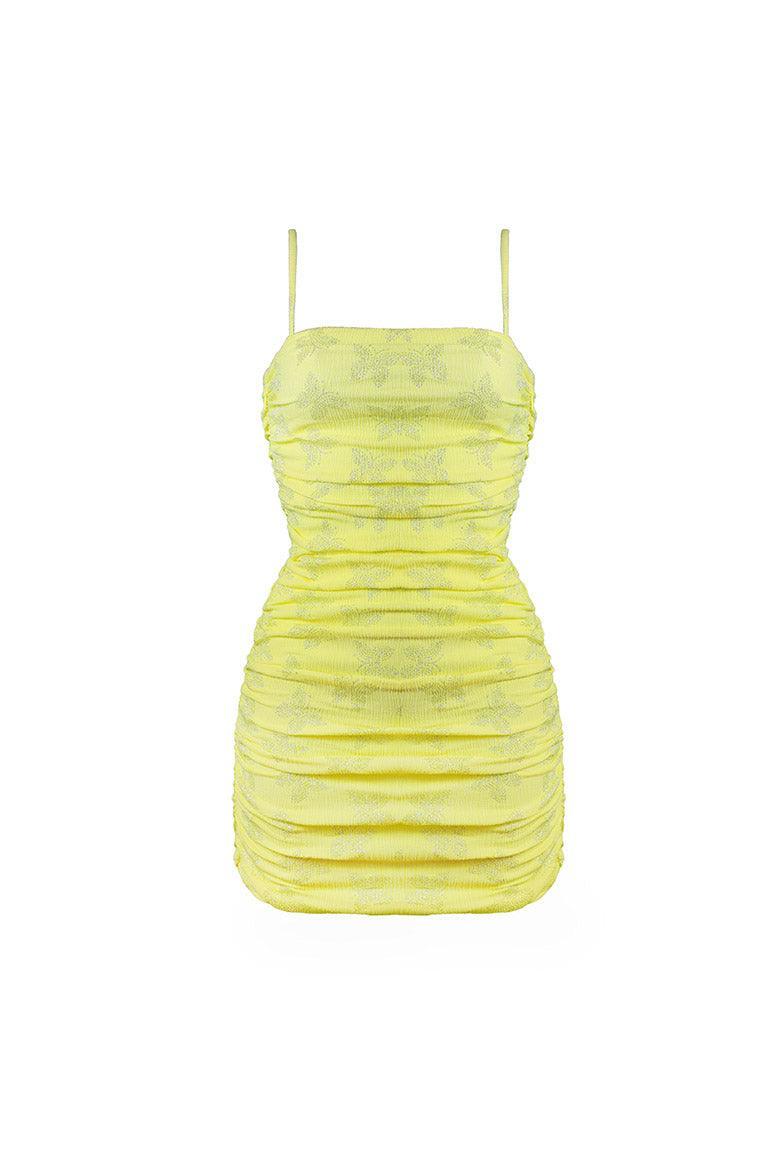 French Kiss Diamanté Butterfly Lemon Ruched Cami Dress - Elsie & Fred