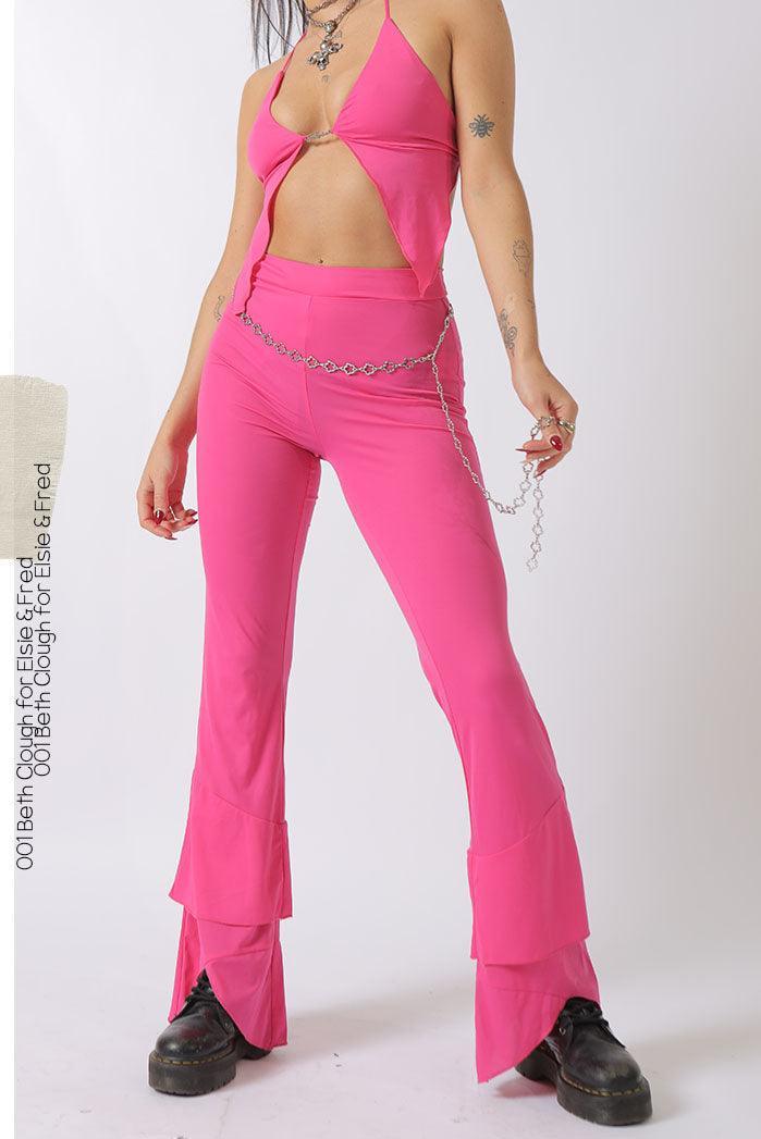 Ikon Fluted Flare Trouser in Hot Pink with Belly Chain - Elsie & Fred
