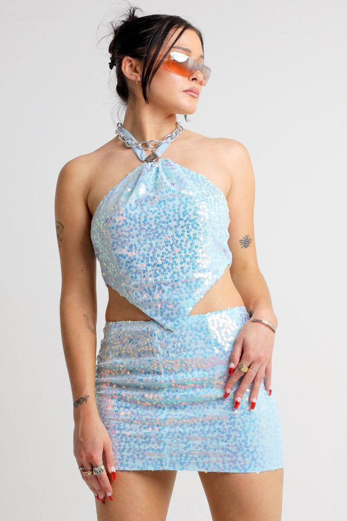 Illicit Baby Blue Flower Sequin Handkerchief Halter Top - Elsie & Fred