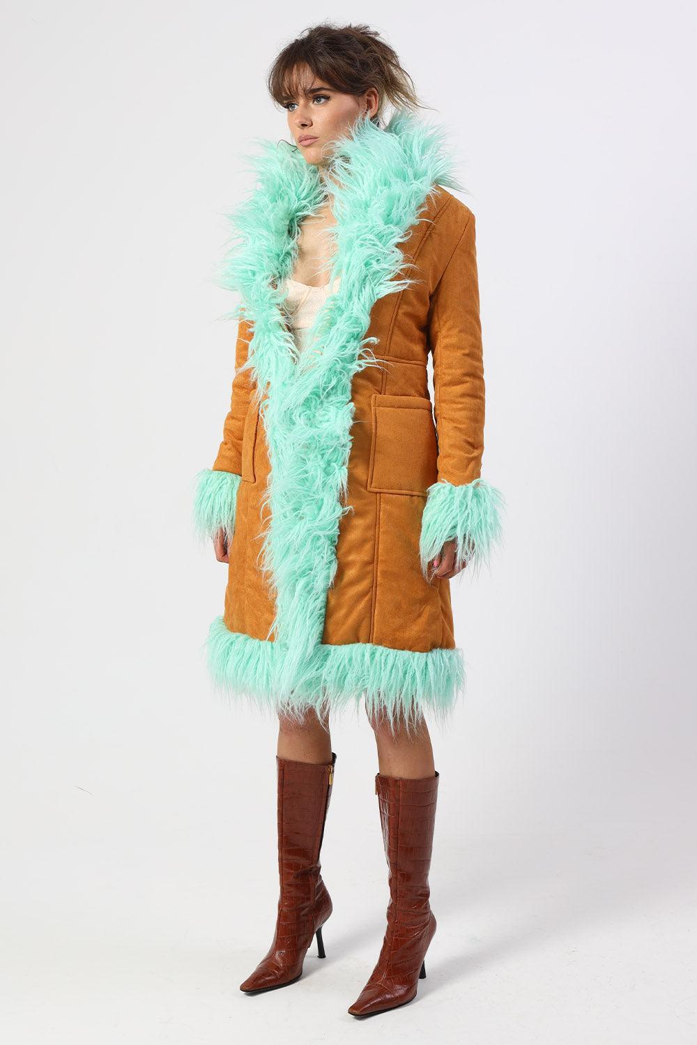 3/4 Length faux suede coat in a rich tan brown with a mint green shaggy faux fur trim and wide shawl collar