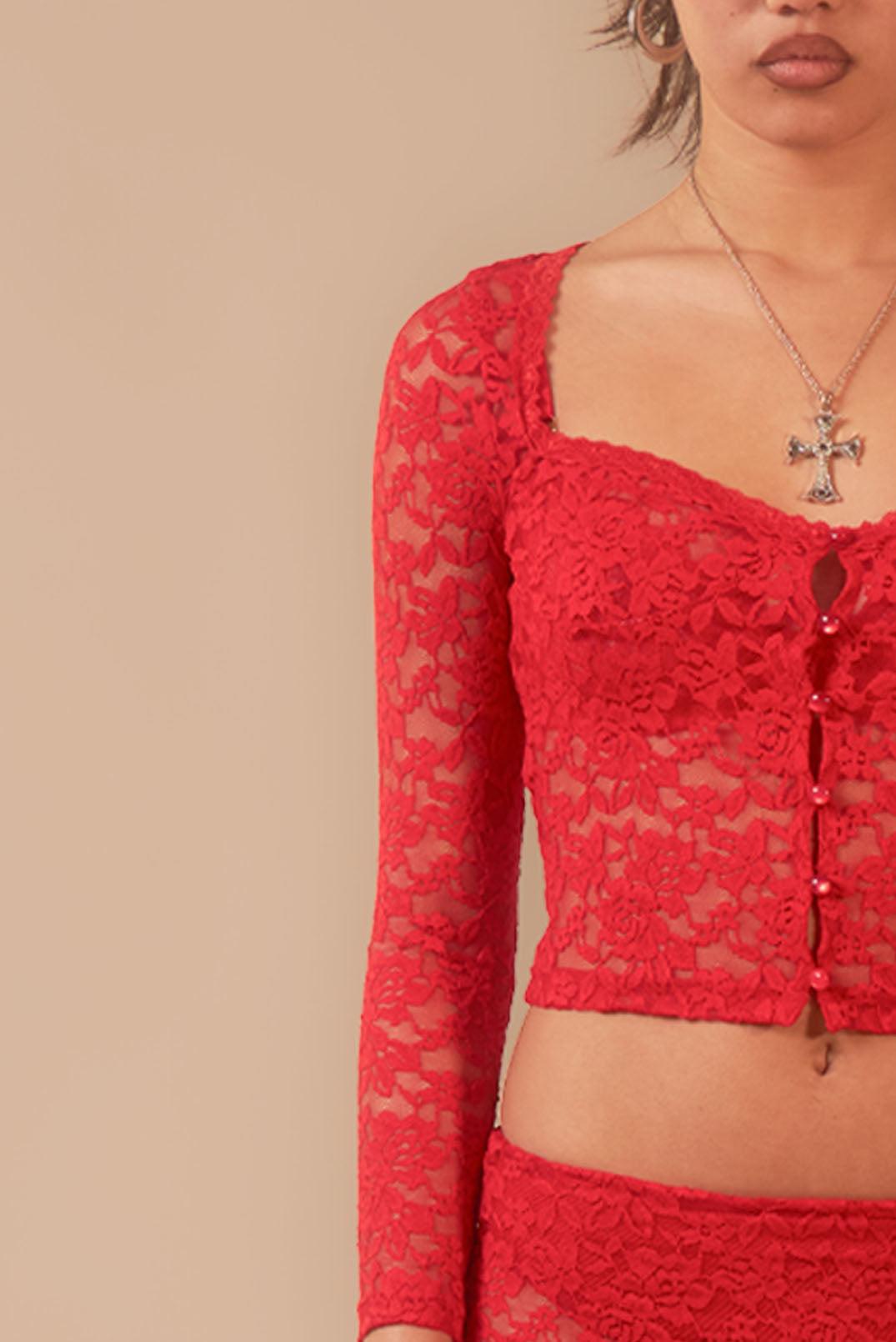 Red Sonja Lace Sheer Long Sleeve Button Top - Elsie & Fred