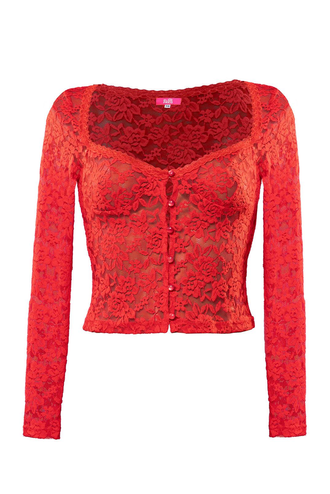 Red Sonja Lace Sheer Long Sleeve Button Top - Elsie & Fred