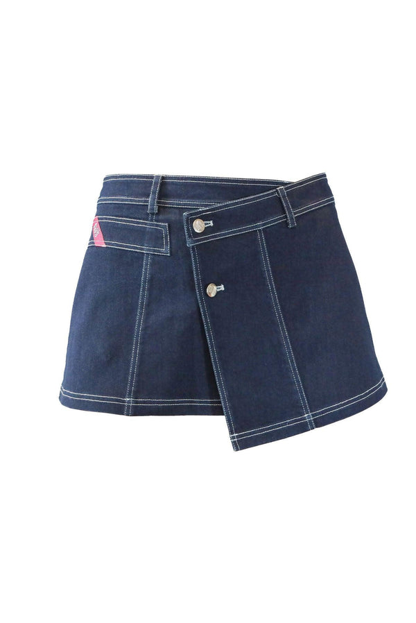 cut ouf of Pleated 90s Y2k Indigo dark denim vintage inspired wrap mini skirt with contrasting stitch co ord