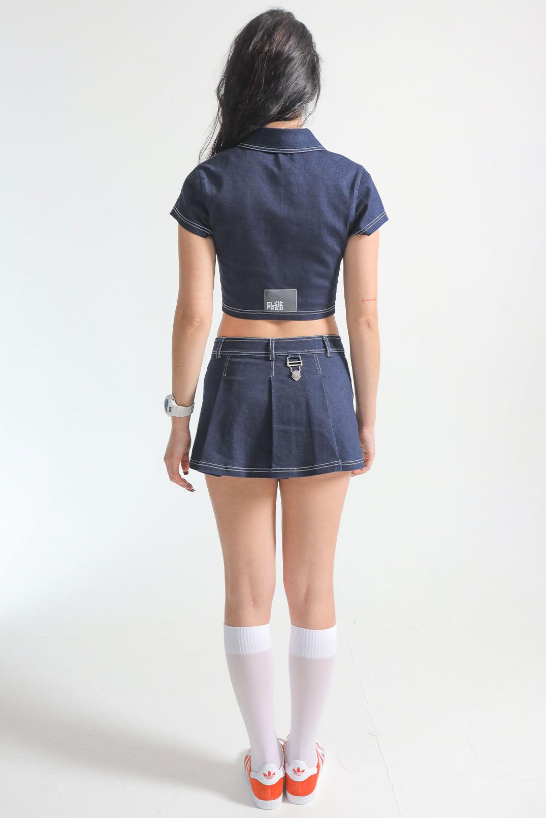 back of Pleated 90s Y2k Indigo dark denim vintage inspired wrap mini skirt with contrasting stitch co ord