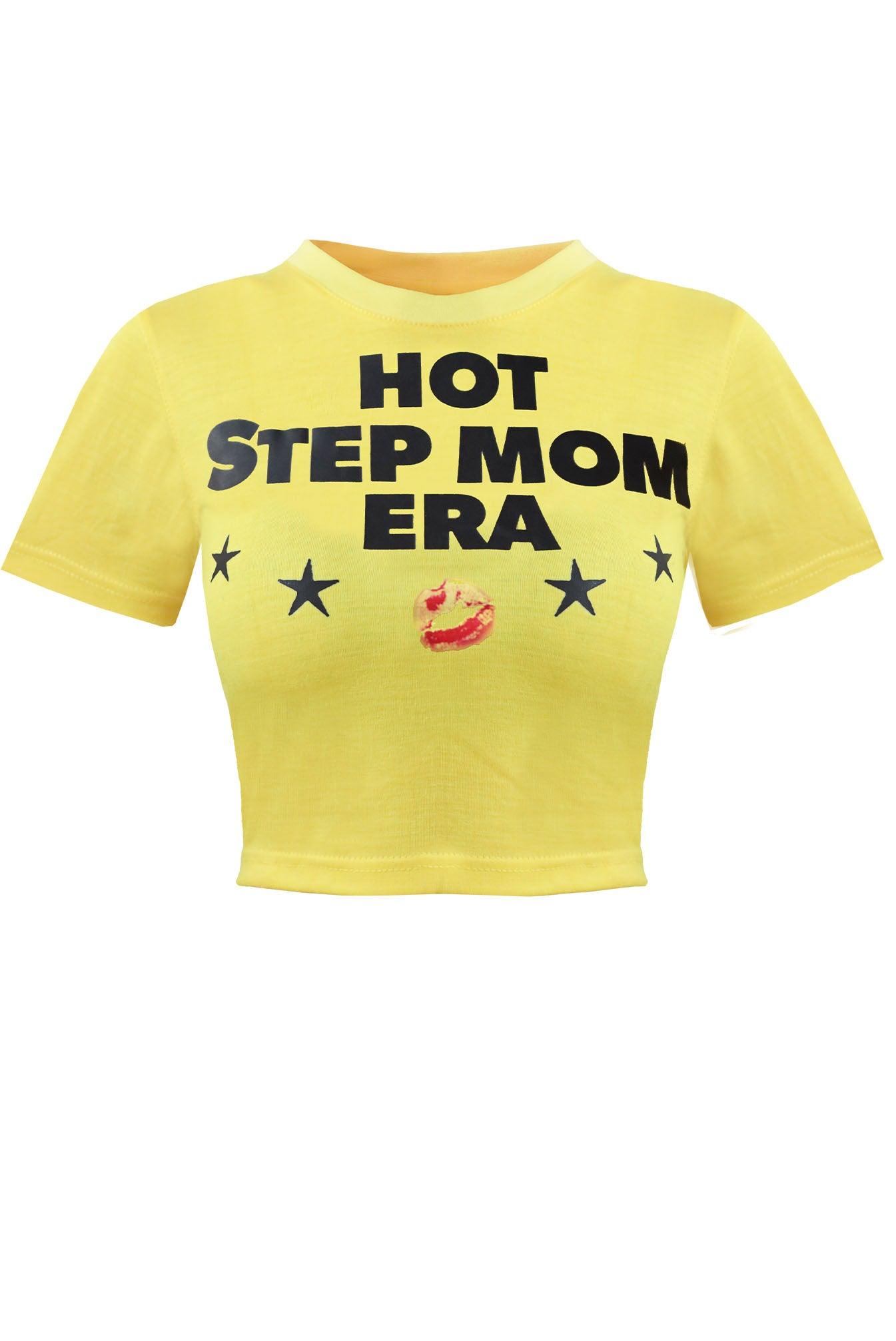 cut out of y2k Hot Step Mom - Mum era graphic printed vintage retro inspired yellow cropped fitted baby tee t-shirt