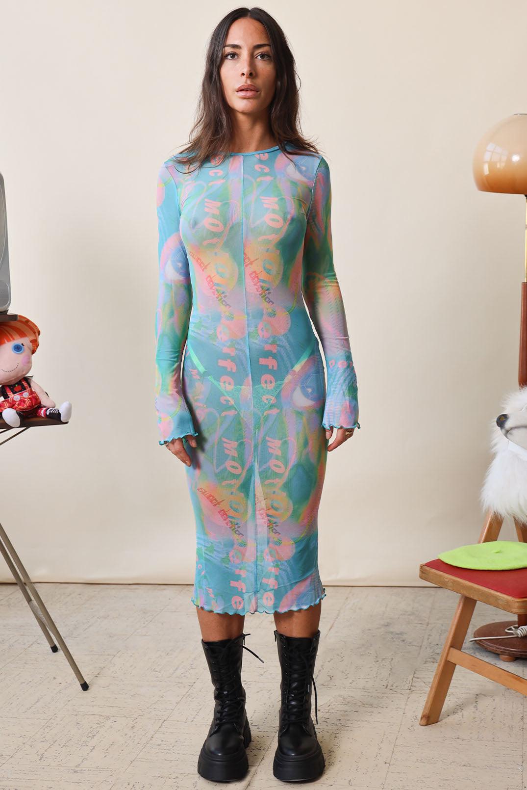 90s Printed bodycon sexy Sheer Holiday Summer Party Rave Mesh Midi Dress