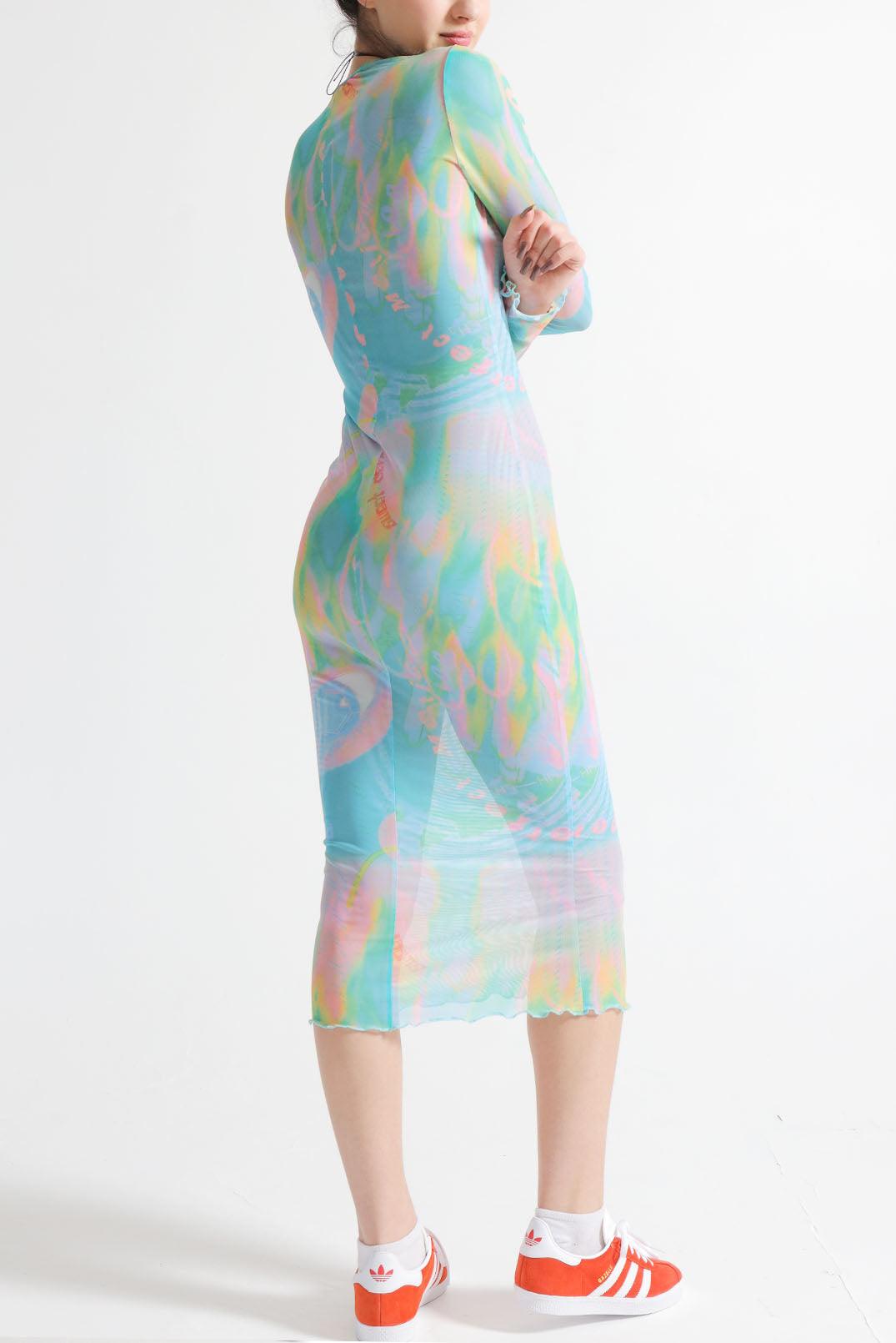 Back view of 90s Printed bodycon sexy Sheer Holiday Summer Party Rave Mesh Midi Dress