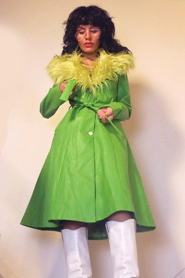 The Nadia Green PU Mac with Oversized Faux Fur Collar - Elsie & Fred