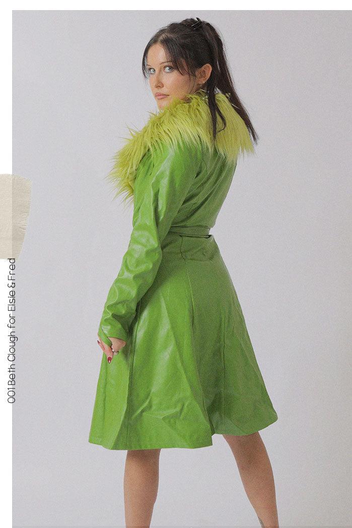The Nadia Green PU Mac with Oversized Faux Fur Collar - Elsie & Fred