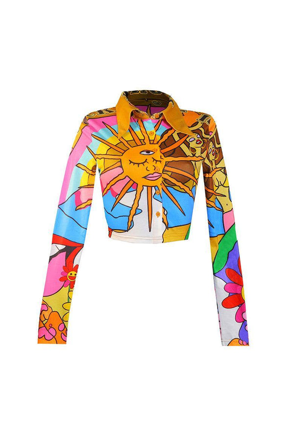 Unlock Your Mind Graphic Print Button Through Cropped Shirt - Elsie & Fred